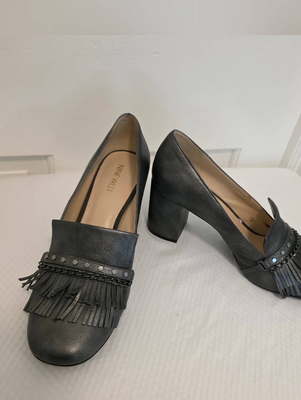 Nine West Black Fringe Block Heel Loafers